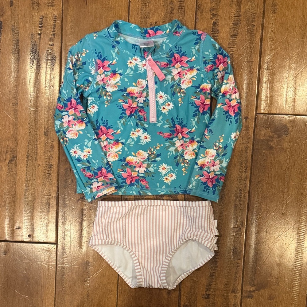 Ruffle Butts Turquoise Floral Rashguard Set with Pink Zipper & Striped Bottoms